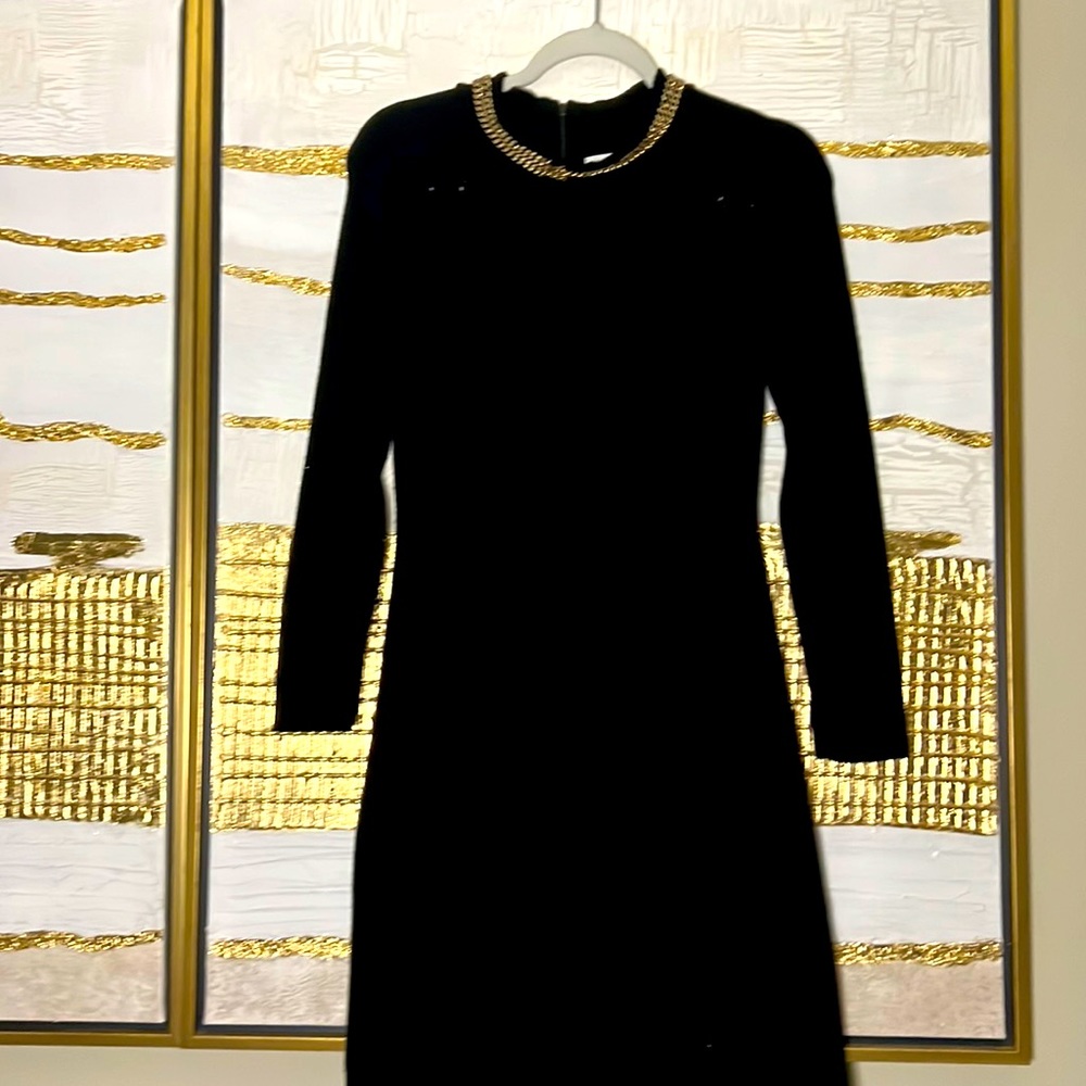 Medium black knitted long sleeve Calvin Klein dress gold neck embroidery